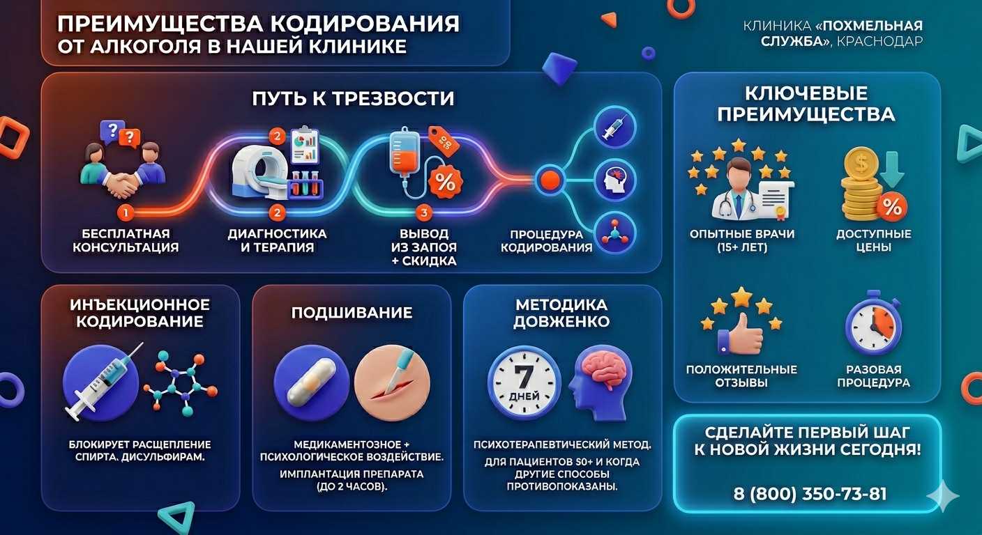 Инфографика о методах кодирования от алкоголя в Петровом Вал: инъекции, подшивание, метод Довженко. Преимущества клиники и этапы лечения.