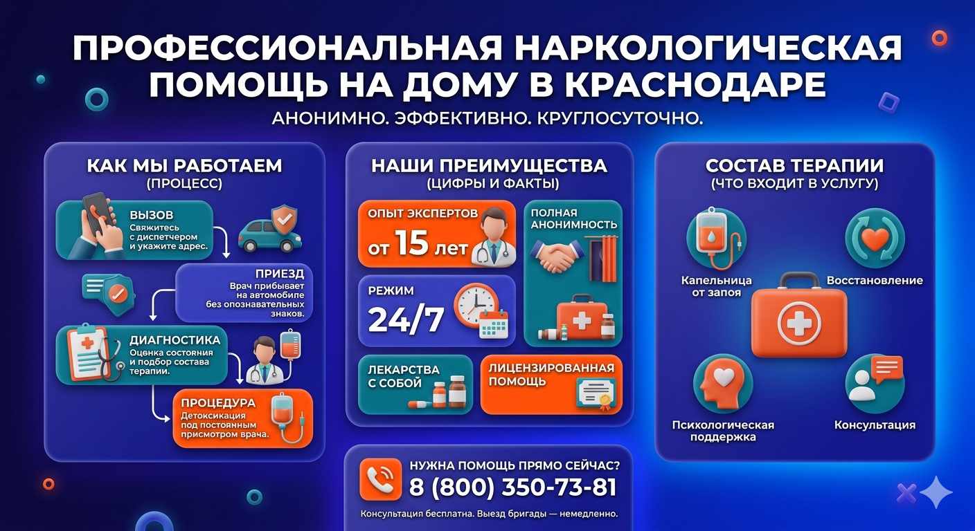 Инфографика о принципах лечения алкоголизма на дому в Петровом Вал: этапы вызова нарколога, преимущества анонимной детоксикации и состав медицинской помощи.